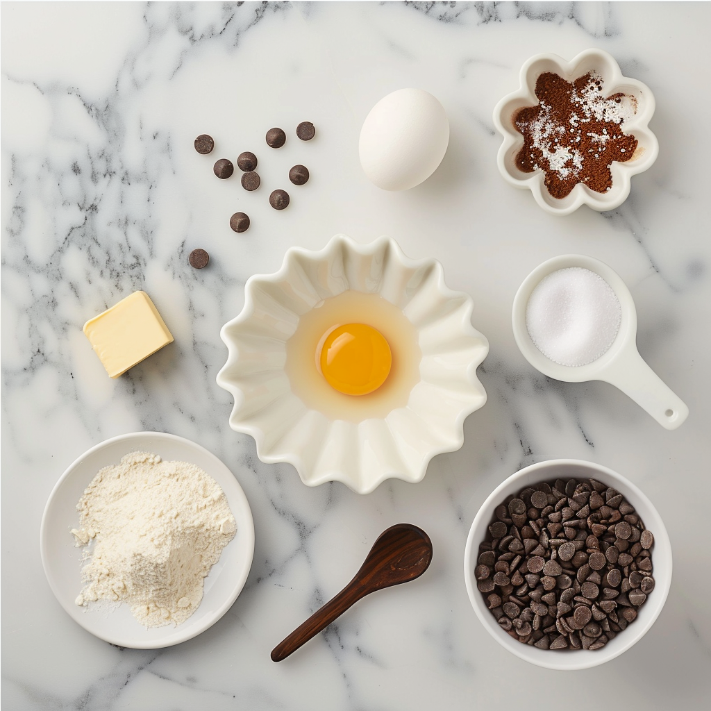 Chocolate Chip Cookies with Mini Chips - The Ultimate Bite-Sized Treat 10 Flat lay of chocolate chip cookie ingredients on a marble surface, including flour, butter, sugar, egg, vanilla, chocolate chips, and baking soda