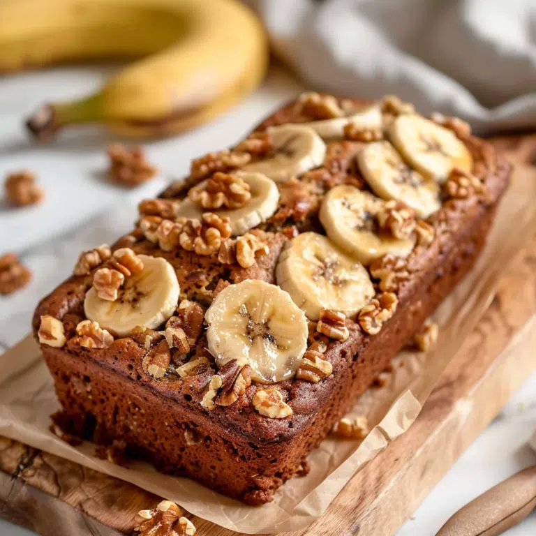 Homemade cottage cheese banana bread topped with sliced bananas and walnuts, resting on parchment paper.