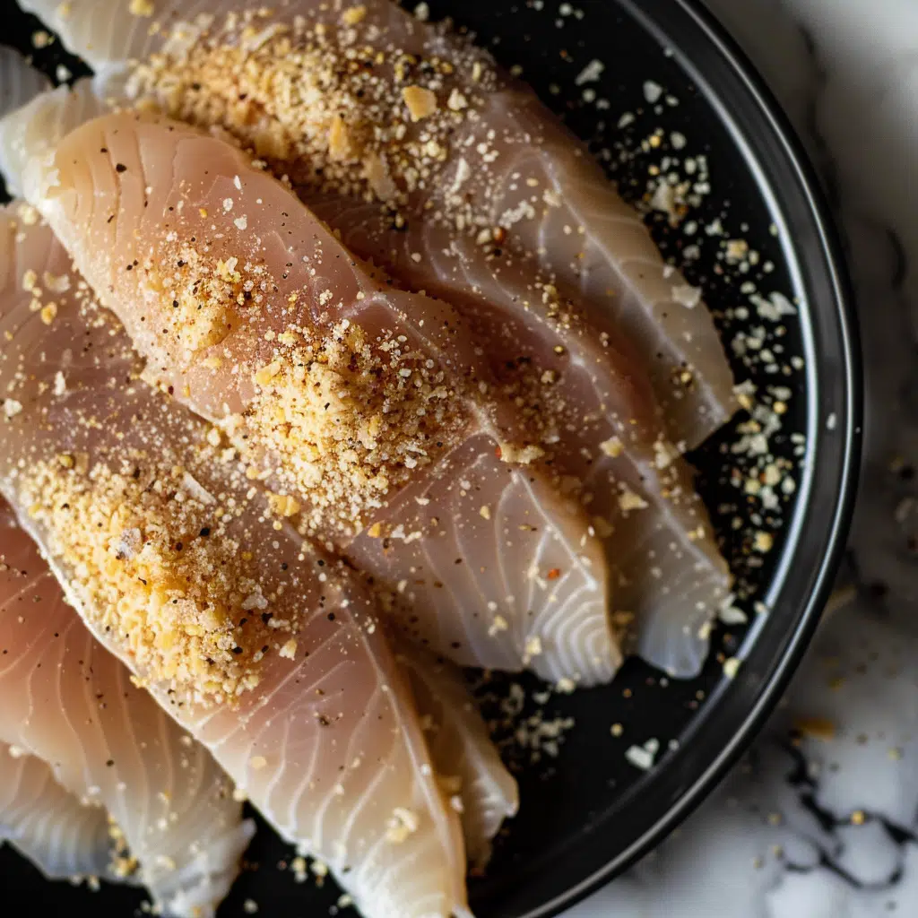 Parmesan Crusted Air Fryer Tilapia - Best Ever Quick & Crispy Recipe 10 Raw tilapia fillets on a black plate, topped with grated parmesan, black pepper, and seasoning.