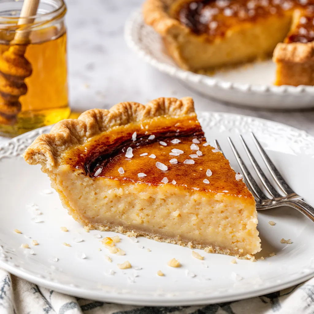 A close-up of a slice of salted honey pie on a white plate, topped with flaky sea salt, with a jar of honey and the remaining pie in the background.