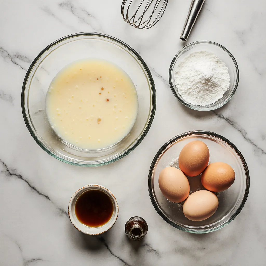 The Best Brownie Balls: 7 Irresistible Chocolate Bites 12 Baking ingredients for The Best Brownie Balls, including melted butter, eggs, sugar, vanilla, and flour arranged in glass bowls on a marble surface.