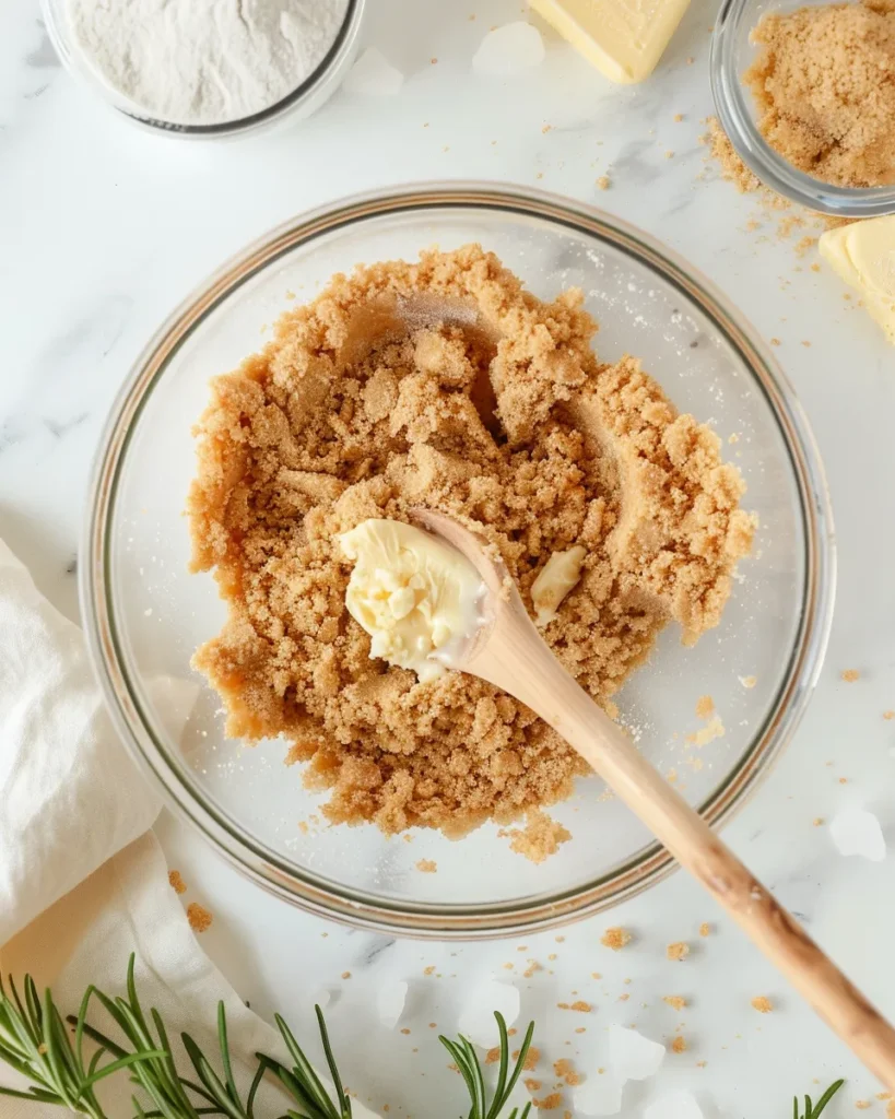 Easy Mini No-Bake Strawberry Shortcake Cheesecake Cups You’ll Love 14 A glass bowl filled with graham cracker crumbs and melted butter being mixed with a wooden spoon, showing the beginning step of preparing the crust for mini no-bake strawberry shortcake cheesecake cups.
