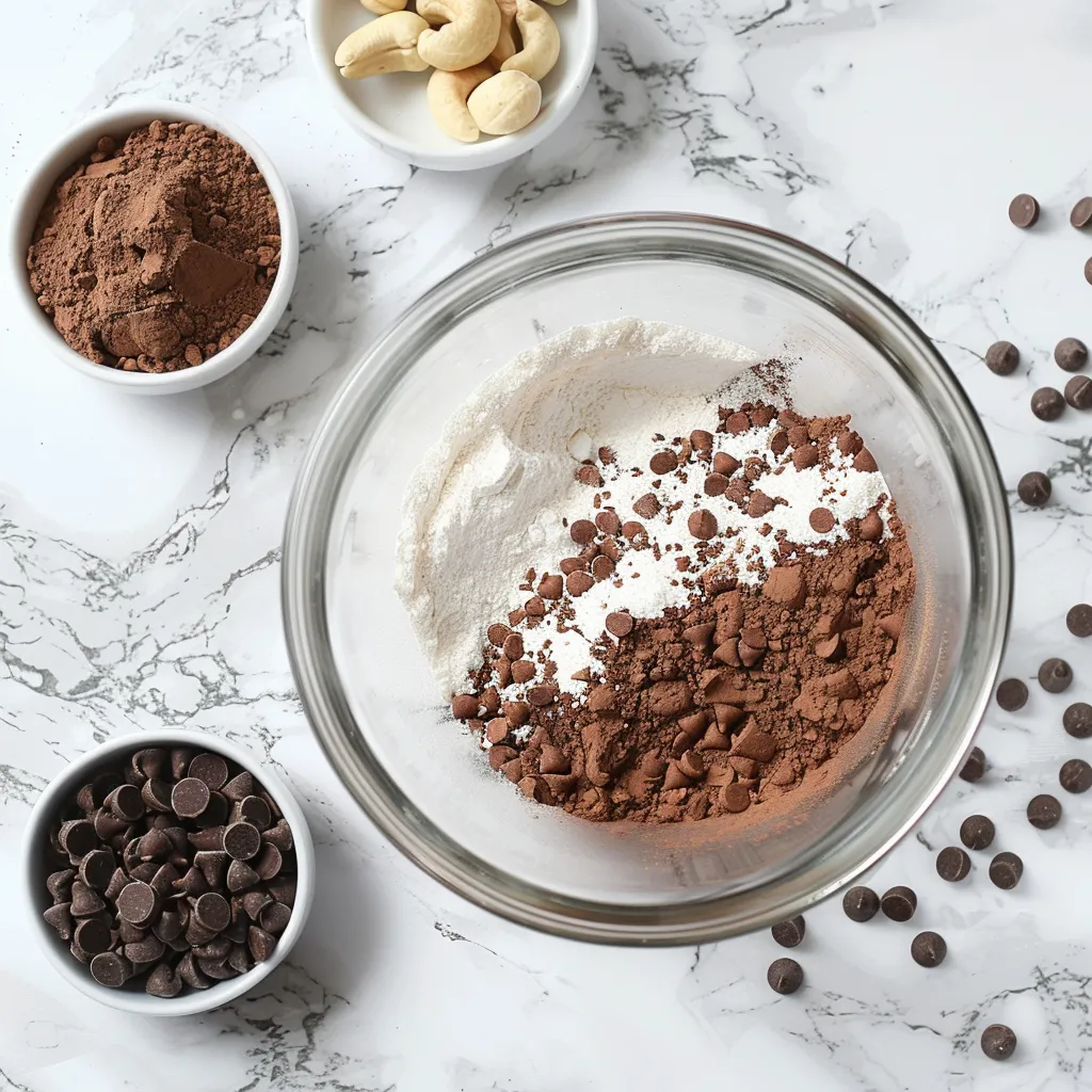 The Best Brownie Balls: 7 Irresistible Chocolate Bites 13 Dry ingredients for The Best Brownie Balls, including cocoa powder, flour, and chocolate chips in glass bowls on a marble countertop.