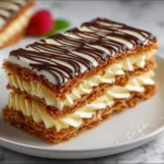 Napoleon cake topped with dark chocolate lines